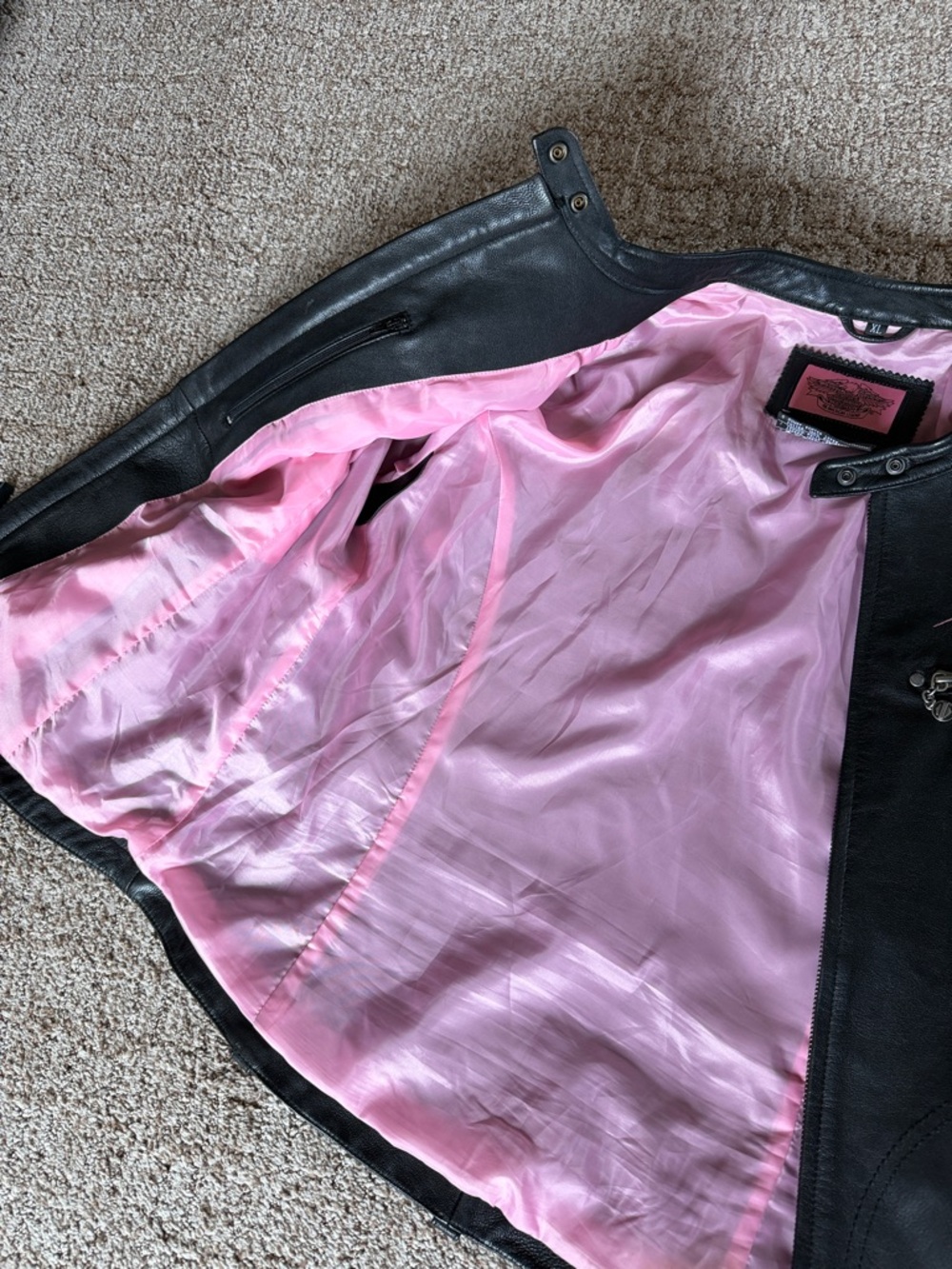 Harley-Davidson Black Leather Bomber Jacket with Pink Logo Accent - Picture 5 of 12